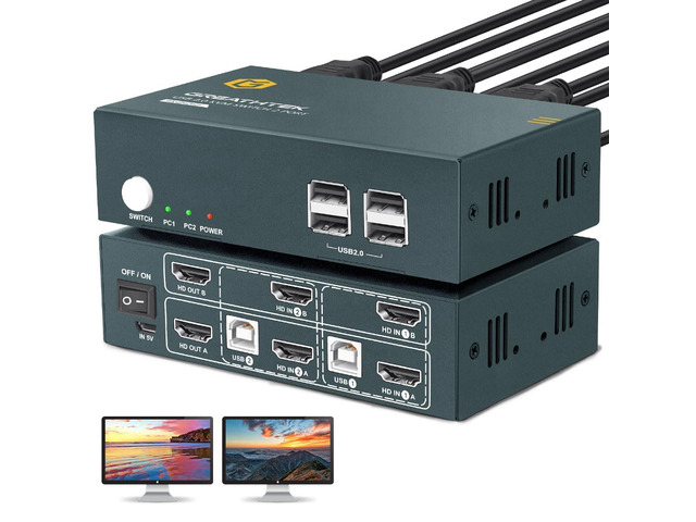 HDMI KVM Switch 2 Monitors 2 Computers,2 Port Dual Monitor Kvm Switcher for 2 Co