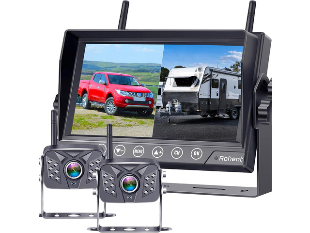 Rohent RV Backup Camera Wireless HD1080P 2 Cameras with 7 Inch Touch Key DVR Monitor Stable Digital Signals Rear View Camera System IP69K...