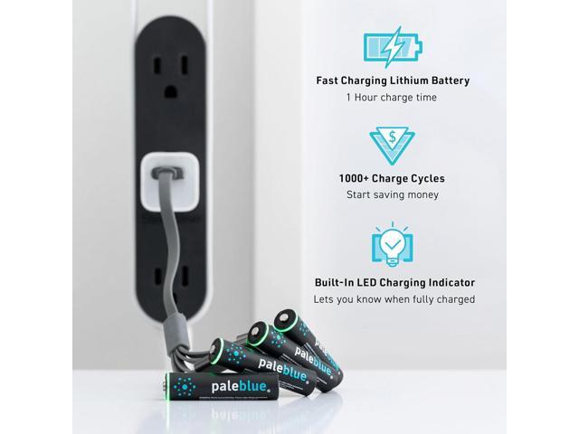 paleblue USB Rechargeable AAA Lithium Batteries, 1 Hour Charge Time, Recharge Over 1000 Times, 600 mAh, 4-in-1 USB-A to USB-C Charging Cable, 4 Pack