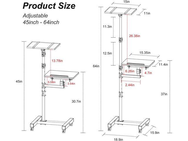 2 Shelves Projector Stand Tripod, Mobile Laptop Cart on Wheels Projector Tripod Stand Adjustable Height 45 to 64 Inches, Overbed Table with Wheels,...