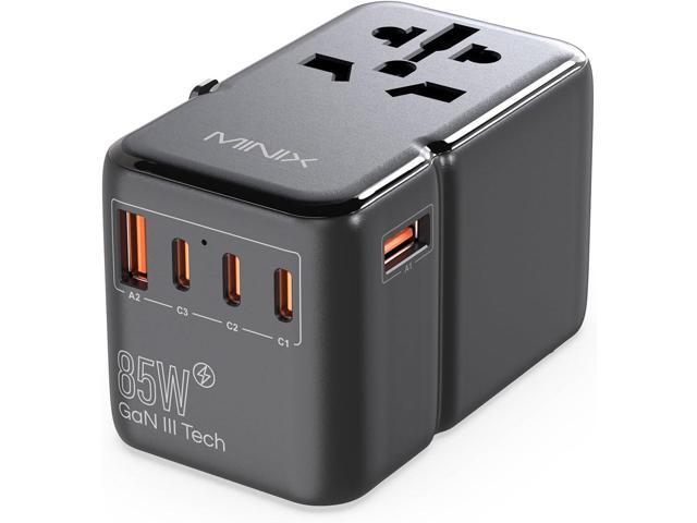 MINIX 85W Universal Travel Adapter, GaN III International Power Adapter, 3 USB-C 2 USB-A Ports, AC Outlet, Worldwide US/UK/EU/AU Travel Charger for...