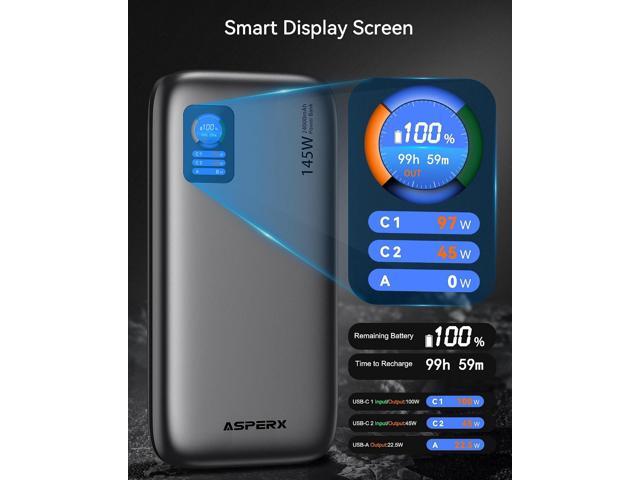 AsperX Laptop Power Bank,24,000mAh 145W PD 3.1 Fast Charging Portable Charger, TFT Smart Display USB C Battery Pack(86.4Wh) for MacBook/iPhone...