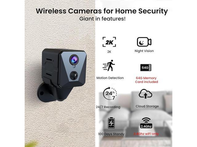Security Camera, 2K WiFi Indoor Camera with 64G SD Card, 100 Days Standby Battery Life, Clear Night Vision, AI Motion Detection, Real-Time Record...