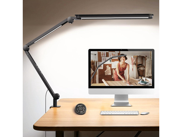 LED Desk Lamp with Clamp, Architect Desk Lamp with Remote, Flexible Swing Arm Desk Light with Dual LED Light, Stepless Dimming, 5 Color Mode & 4...