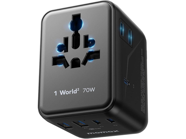 MOMAX Mini 7-in-1 Universal Travel Adapter, GaN 70W Dual AC, 3 USB-C PD & 2 USB-A QC, International Power Charger for 200+ Countries Compact...