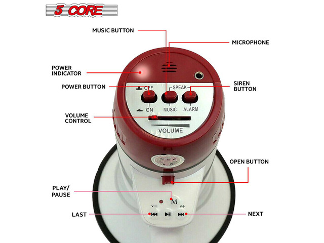 5Core Megaphone Handheld Bullhorn Cheer Loudspeaker Bull Horn Speaker Megaphono Siren Sling Strap Portable 20RF