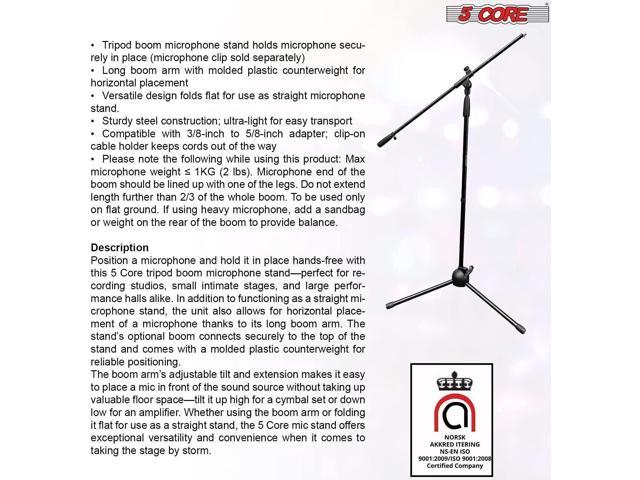 5 Core Foldable Tripod Microphone Stand - Universal Mic Mount and Height Adjustable from 36 to 65 Inch High w/ Extending Telescoping Boom Arm Up to...