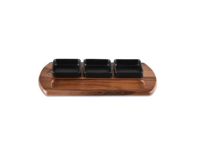 Kalmar Home Charcuterie / Serving Tray with 3 Square Ceramic Black Bowls