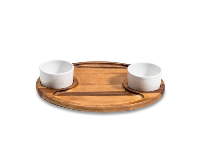 Kalmar Home Charcuterie / Serving Tray with 2 Ceramic White Bowls and Lids