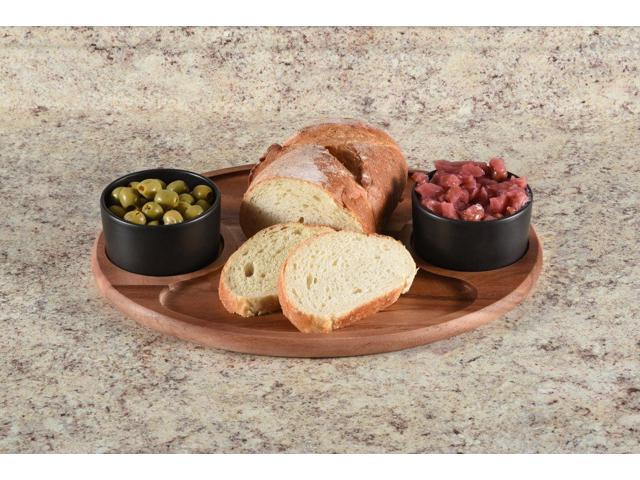 Kalmar Home Charcuterie / Serving Tray with 2 Ceramic Black Bowls and Lids