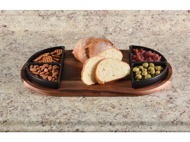 Kalmar Home Charcuterie / Serving Tray with 4 Triangular Ceramic Black Bowls