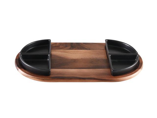Kalmar Home Charcuterie / Serving Tray with 4 Triangular Ceramic Black Bowls