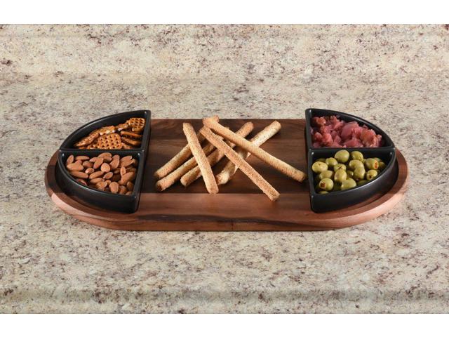 Kalmar Home Charcuterie / Serving Tray with 4 Triangular Ceramic Black Bowls