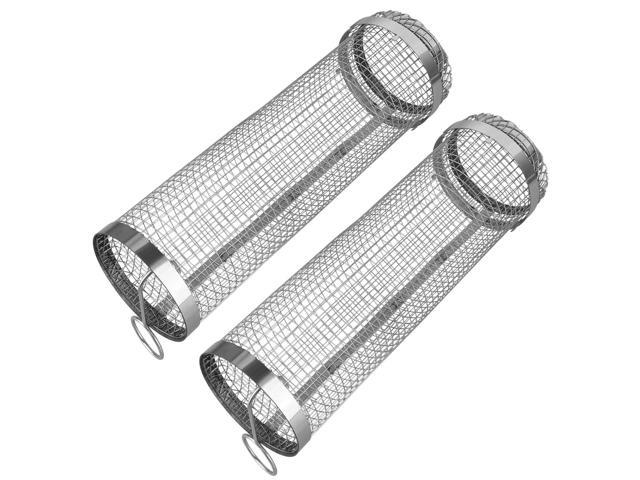 2Pcs BBQ Rolling Basket Stainless Grill Mesh Tube with Cover for Outdoor Camping - Gray - One size
