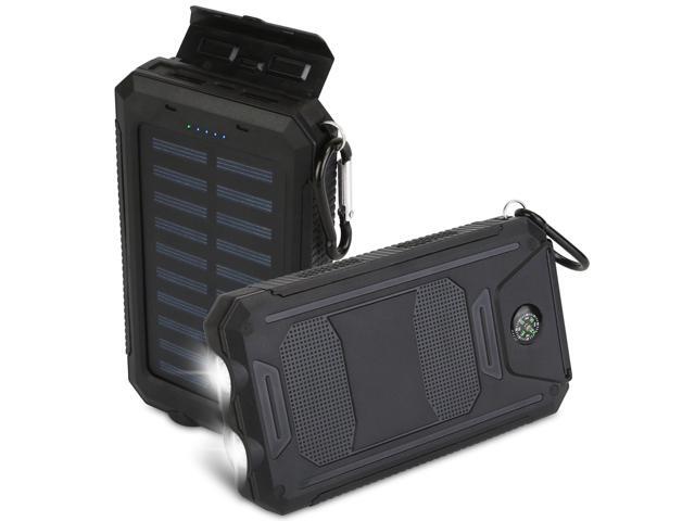 10K mAh Solar Power Bank Dual USB SOS LED Compass for Hiking Camping - Black - One size