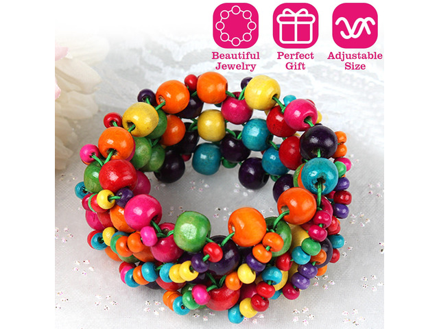 Fresh Fab Finds Multi-Color Wooden Beaded Stretch Bracelet for Women, Girls & Kids - Multi - One size