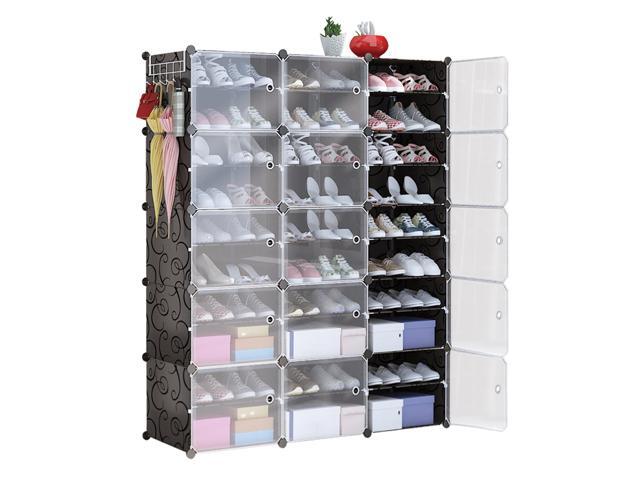 Fresh Fab Finds 10-Tier 3-Row Shoe Rack w/ Doors Stackable Plastic Cabinet Organizer - Black - One size