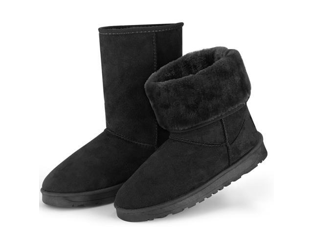 Fresh Fab Finds Womens Waterproof Faux Suede Snow Boots Mid-Calf Fur Lining - Black - 7