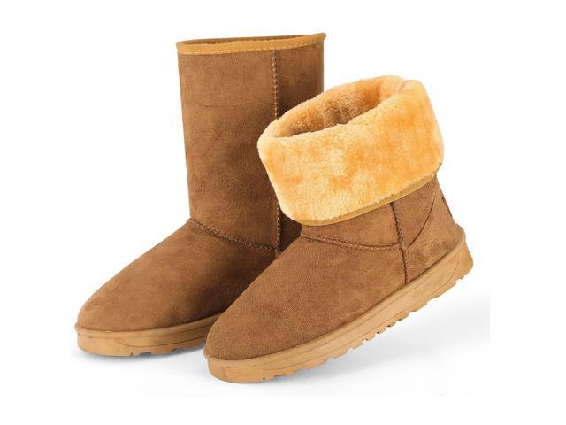Fresh Fab Finds Womens Waterproof Faux Suede Snow Boots Mid-Calf Fur Lining - Chestnut - 9