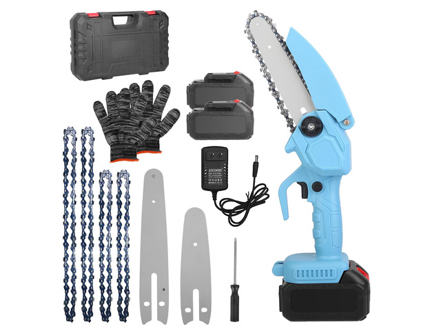 Fresh Fab Finds Electric Mini Chainsaw Cordless 4in/6in w/ 2 Batteries for Pruning & Trimming - Blue - One size