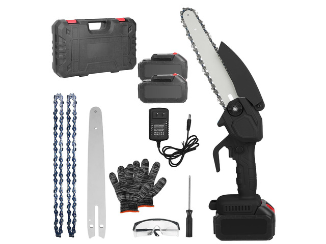 Fresh Fab Finds Cordless Mini Chainsaw Kit 8in w/ 2 Batteries, Gloves & Goggles for Cutting - Black