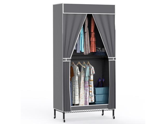 Fresh Fab Finds 2-Tier Portable Wardrobe Garment Rack w/ Wheels & Cover, 35.43x17.13x72.44in - Gray
