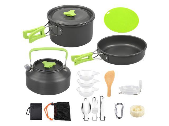 Fresh Fab Finds 16Pcs Camping Cooking Ware Set Camping Stove Cookware Kit Aluminum Pot Pan Kettle Set with Bowls Knife Fork Spoon Carabiner Spatula...