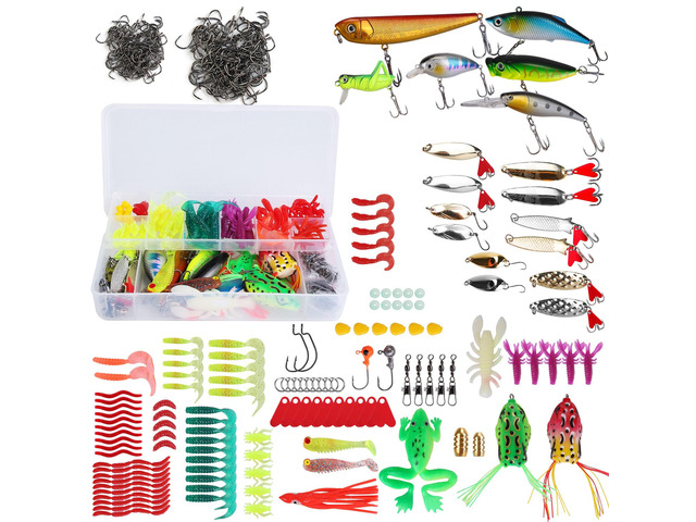 Fresh Fab Finds 375Pcs Fishing Baits and Tackle Box Saltwater Freshwater Fishing Lures Kit Lifelike Popper Crankbaits Crickets Frogs Spoon Lures...