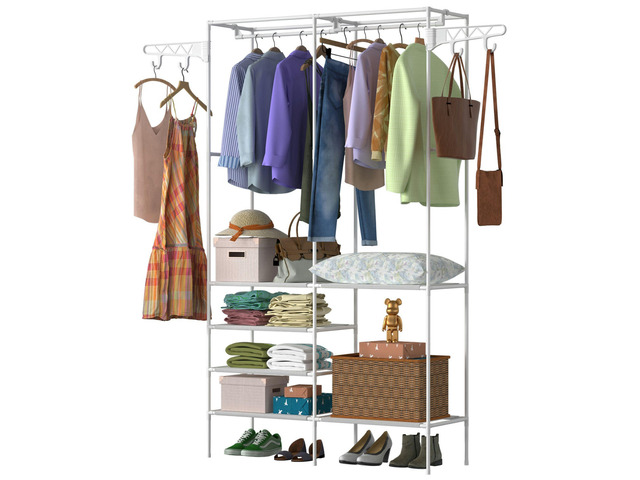 Fresh Fab Finds Metal Garment Rack Shoe Clothing Organizer Shelves Freestanding Multifunctional Clothes Wardrobe - White - One size