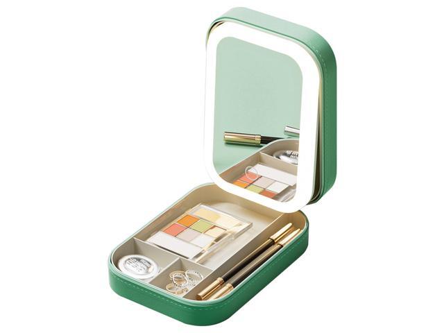 Fresh Fab Finds Travel Makeup Bag with LED Mirror, Waterproof, 3 Light Colors, 4 Compartments - Green