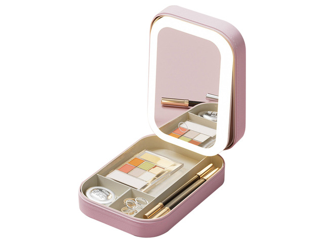 Fresh Fab Finds Travel Makeup Bag with LED Mirror, Waterproof, 3 Light Colors, 4 Compartments - Pink