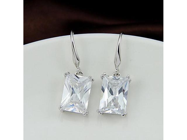 Vista Royalty Earrings Emerald Cut Big Solitaires On Hooks - Silver