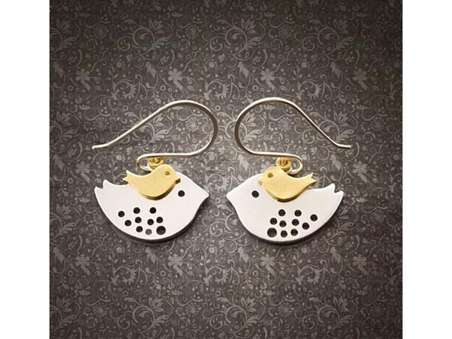 Vista SKY TRAVELERS EARRINGS Little Bird Learning To Fly From Mom Bird in 925 Sterling Silver hooks - Silver