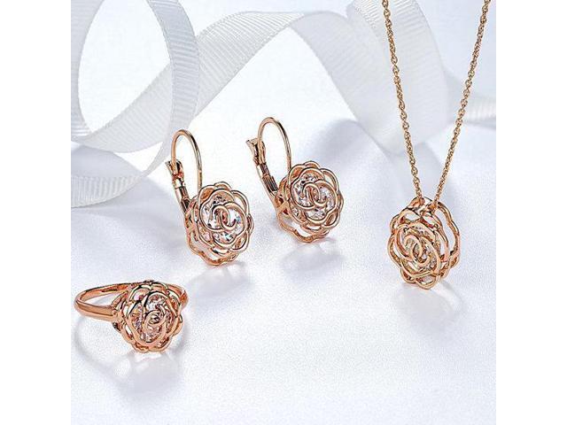Vista Rose Is A Rose Set Of Ring; Earrings and Pendant With Chain In 18kt Rose Crystals In White Yellow And Rose Gold Plating - ROSE GOLD