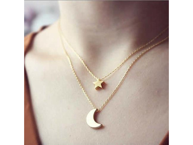 Vista Golden Moon and Star Charms on a Layered Chain Necklace - Rose Gold