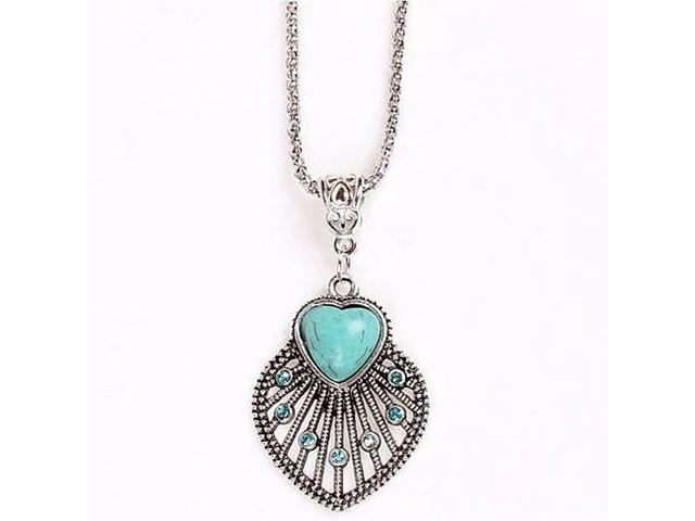 Vista Peacock Heart Turquoise Token Of Love Pendant And Antique silver style Necklace - Turquoise
