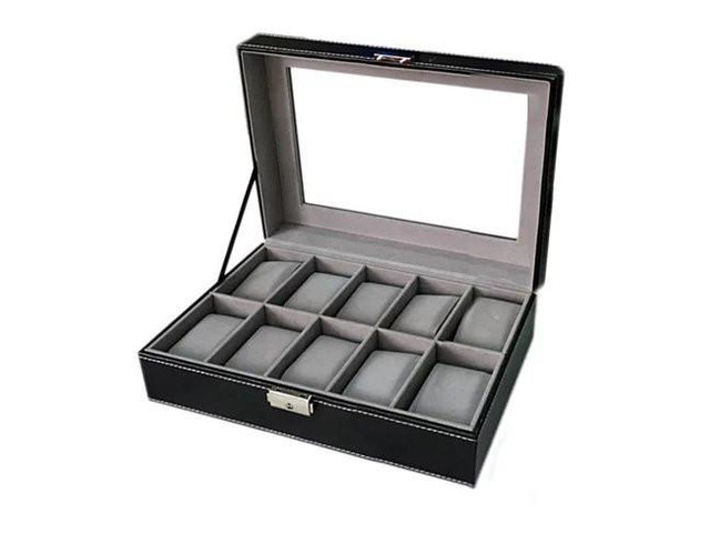 Vista WATCH VALET Glass Top Watch Boxes For Collection Of 6 or 10 Watches - Black