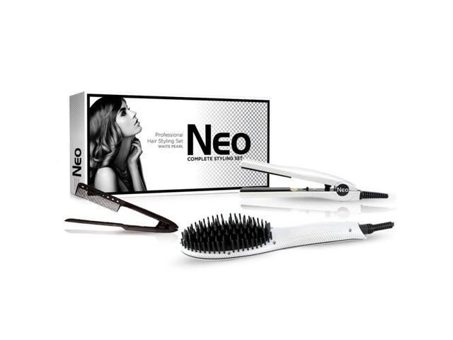 NEO Choice The Heated Brush Set - Heated Straightening Brush w/ 0.5' Mini Flat Iron & EZ Comb - White Pearl