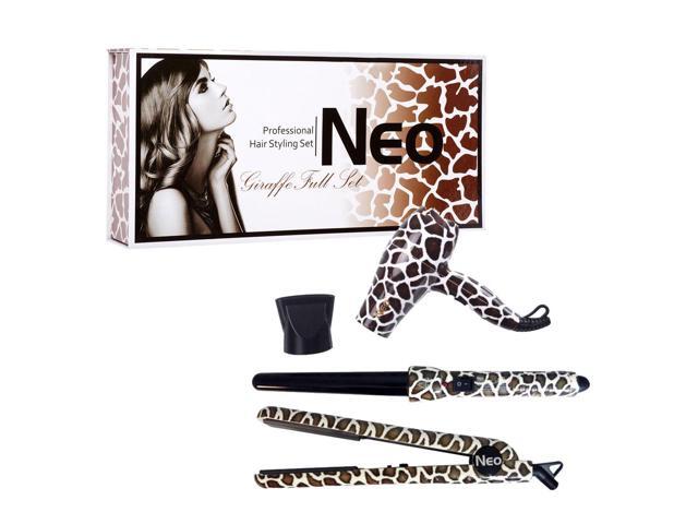 NEO Choice The Full Set - 1.25' Ceramic Flat Iron w/ 25-18mm Curling Wand & Mini Travel Hair Dryer - Giraffe
