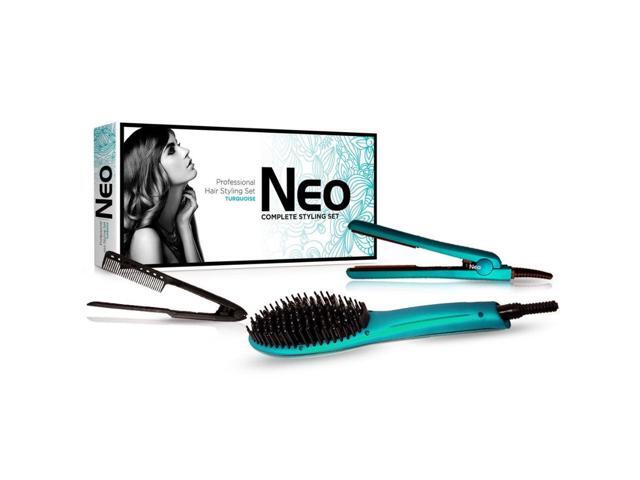 NEO Choice The Heated Brush Set - Heated Straightening Brush w/ 0.5' Mini Flat Iron & EZ Comb - Turquoise