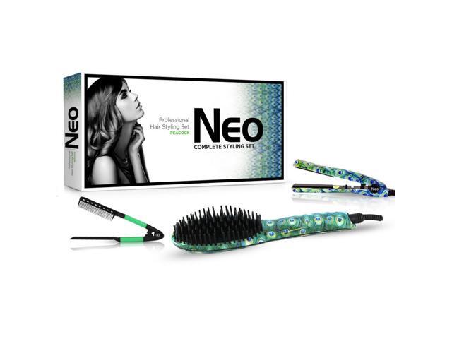 NEO Choice The Heated Brush Set - Heated Straightening Brush w/ 0.5' Mini Flat Iron & EZ Comb - Peacock