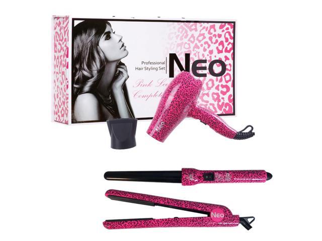 NEO Choice The Full Set - 1.25' Ceramic Flat Iron w/ 25-18mm Curling Wand & Mini Travel Hair Dryer - Pink Leopard