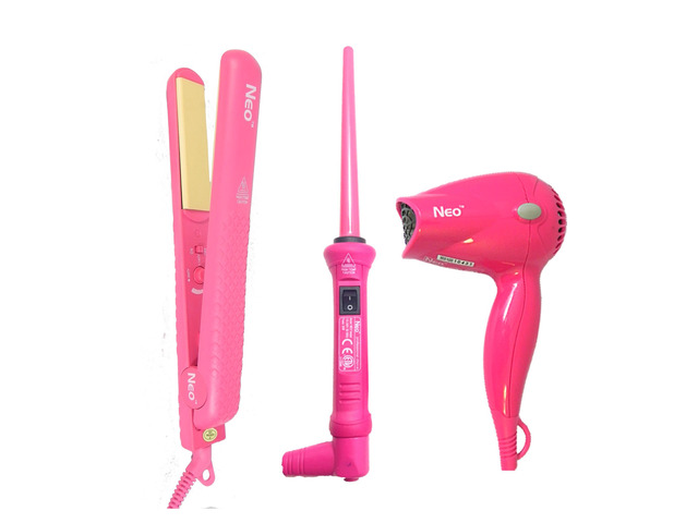 NEO Choice Complete Set - 1.25' Ceramic Flat Iron w/ 9-18mm Curling Wand & Mini Travel Hair Dryer - Pink