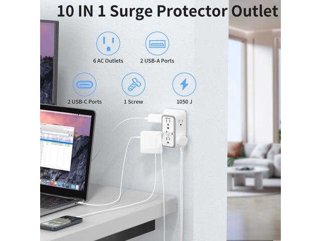 DEPOW Wall Charger 6 AC Outlet Extender with 4 USB Charging Ports(2 USB C), 3-Sided Power Strip Multi Plug Wall Outlet Splitter Adapter Spaced for...
