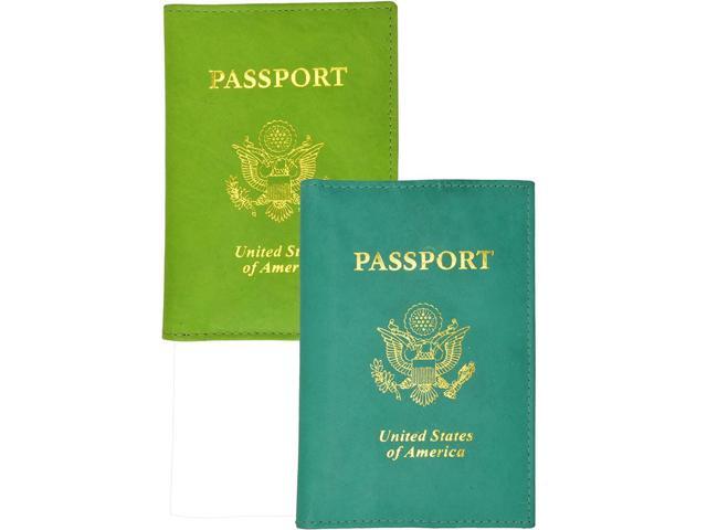 2 Passport Cover Holders Genuine Leather ID Wallet Case Travel Lime and Teal