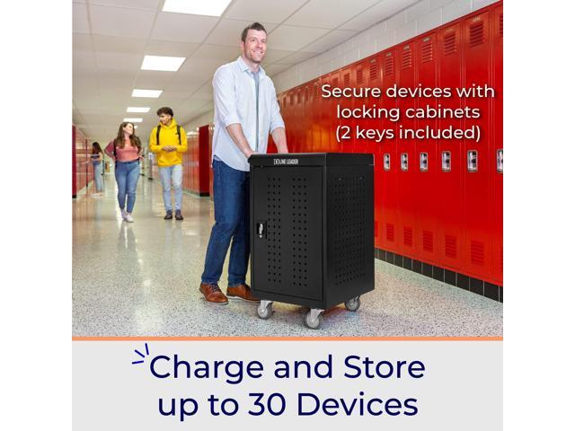 Line Leader 30 Unit Mobile Charging Station Cart w/ Locking Cabinet, Standing Computer Charger Stand for Tablets, Laptops, Chromebooks, 5-Min...