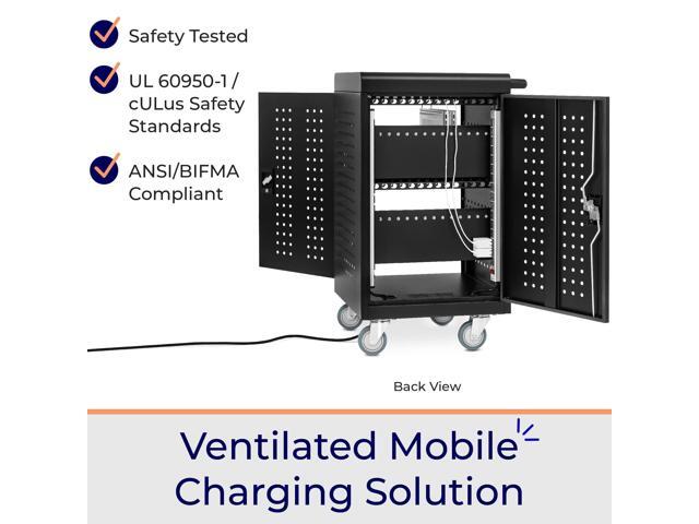Line Leader 30 Unit Mobile Charging Station Cart w/ Locking Cabinet, Standing Computer Charger Stand for Tablets, Laptops, Chromebooks, 5-Min...