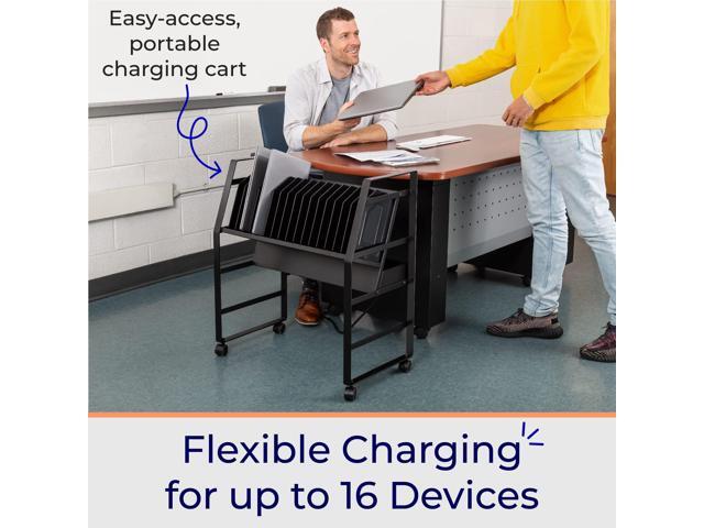 Line Leader 16 Device Mobile Charging Station - Portable Rolling Open Charging Storage Cart with Reversible Top Shelving for Tablets, Laptops,...