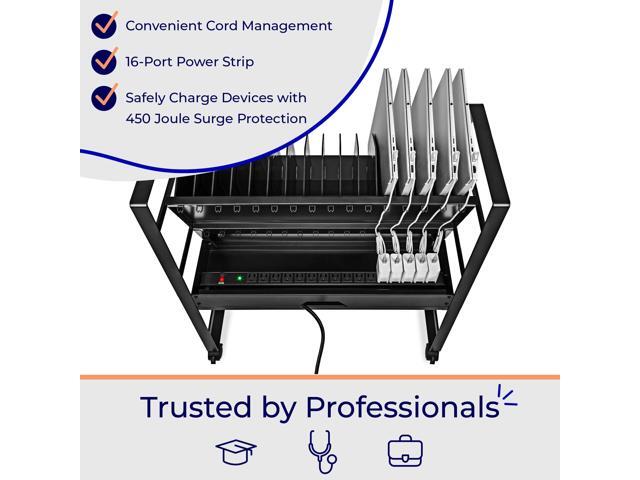Line Leader 16 Device Mobile Charging Station - Portable Rolling Open Charging Storage Cart with Reversible Top Shelving for Tablets, Laptops,...