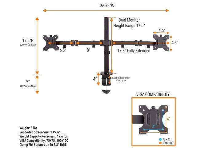 Stand Steady Dual Monitor Mount| Clamp-On Height Adjustable Double Monitor Stand with Desk Clamp| Full Articulation VESA Mount Fits Most LCD/LED Monitors 13-32 Inches | Black - image 6